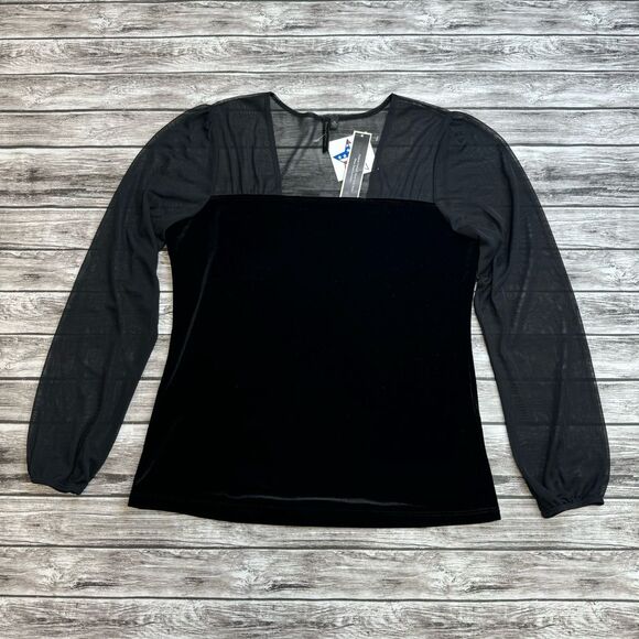 Women's Susan Lawrence Velour Mesh Blouse Black Bubble Sleeve Top M NWT - Picture 13 of 13